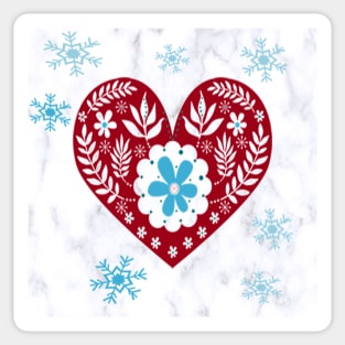 Winter Scandinavian Design, Teal & Red on White Background Cute Simple Nordic Heart and Snowflakes Sticker
